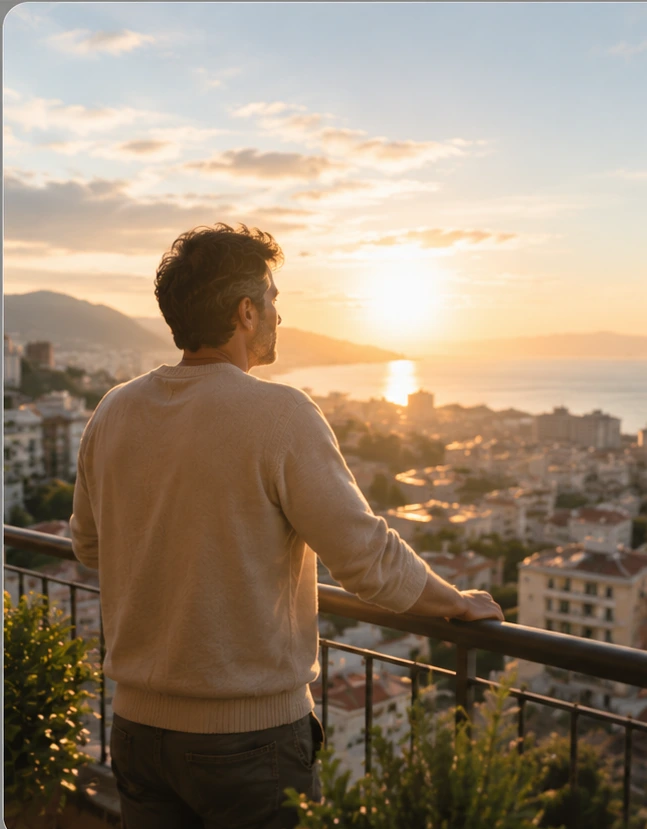 Persona adulta su un balcone al mattino, con una postura rilassata e lo sguardo verso il mare dopo un periodo di stress