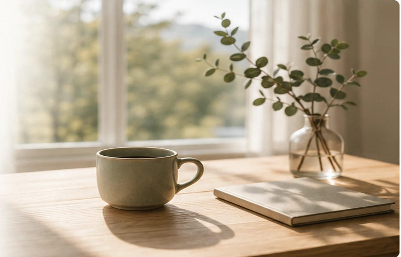 Luce del mattino che entra da una finestra, con tazza e quaderno su un tavolo
